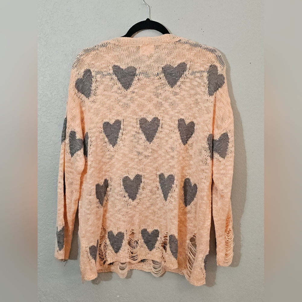 BiBi Distressed Knit Sweater W/Hearts Peach and Charcoal Womens Small Oversized - Picture 7 of 7
